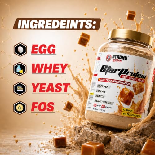 Image of STRONG NATION Star Protien Elite Triple Fusion, Egg, Whey & Yeast Blend | 30g Protien Per Scoop | 2kg (Salted Caramel)