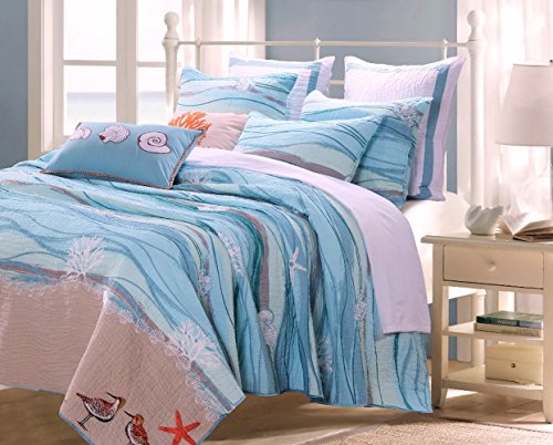 Finely Stitched Coastal Seaside Cottage Quilt Set With Shams Sea Shell Print Pattern Ocean Blue 100 Cotton Luxury Reversible 3 Piece King Size Bedding - Includes Bed Sheet Straps #TOP1