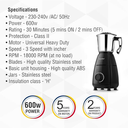 Image of Greenchef Jawa 600W Mixer Grinder with 3 Stainless Steel Jars | 18000 RPM Heavy Duty Motor | 3-Speed Control with Incher | Black