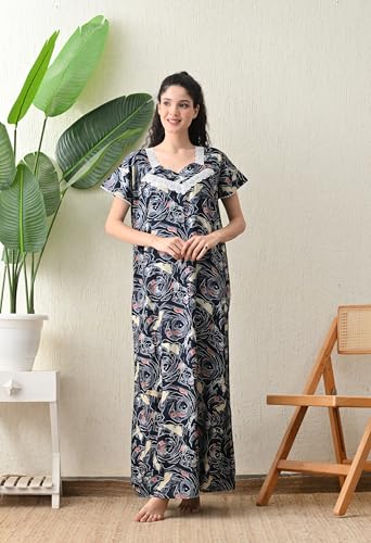 Image of Ichaa Women's Rayon Printed Round-Neck Nighty with Pocket, in Plus Sizes