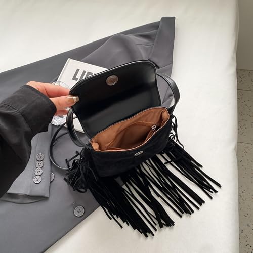 Image of Women Fashion Small Hobo Purse Fringe Designer Cell Phone Bag Suede Tassel Crossbody Bags Shoulder Handbag