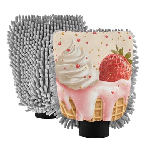 STAYTOP Yummy Ice Cream Car Wash Mitt Microfiber, 2Pcs Scratch Free Lint-Free, Premium Chenille Microfiber Mitt Car Wash Brush-L