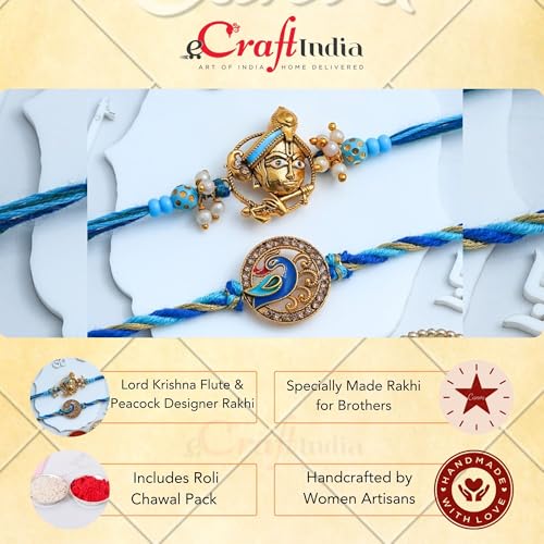 Image of eCraftIndia Lord Krishna Playing Flute Peacock Designer Rakhi Set of 2 | Rakhi for Brother Bhaiya Bhai with Best Bro Ever Fridge Magnet | Roli Chawal Pack
