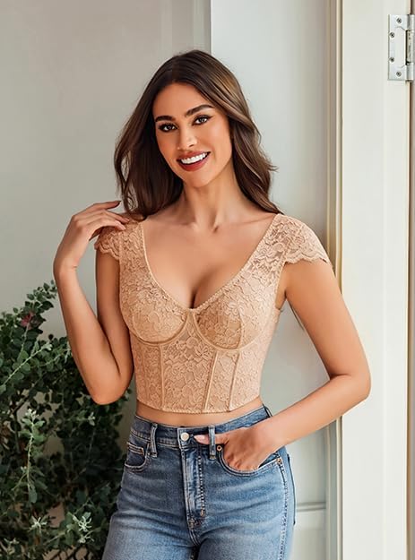 Avidlove Corset Tops for Women Floral Lace Bustier Cap Sleeve Crop Top Sexy V Neck Going Out Outfit with Buckle - Image 6