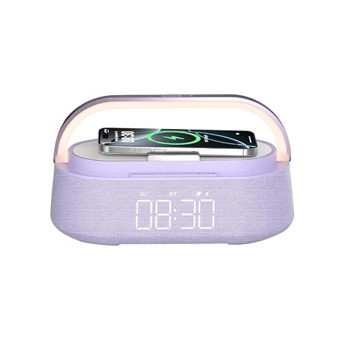 COLSUR Radiowecker Digital mit Wireless Charger, Bluetooth Lautsprecher mit USB-Kabelloser Ladegerät, Smart Wecker Schlummerfunktion Induktive Ladestation mit Licht, Nachtlampe,Dimmbares LED Display