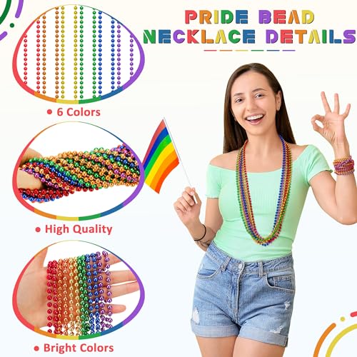 Image of EOBOH 12PCS Pride Accessories, Pride LGBTQ Beads Necklace Stuff, Metallic 6 Kinds of Rainbow Necklace Bulk, Gay Lesbian LGBT Costumes Decorations for Pride Month Parade Throws Party Favors