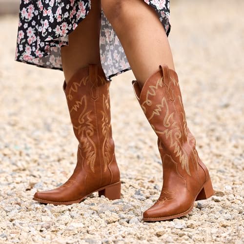 Image of IXU Cowboy Boots Women Pointy Toe Women's Mid Calf Western Cowgirl Boots