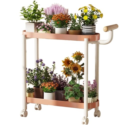 WBJGUOD 2 Tier Metal Plant Stand with Wheels and Handle Indoor Corner Shelf Planter Holder For Tall Plants Storage Rack Living Room Balcony Entryway Potted Display Modern Desig(Color:Pink)