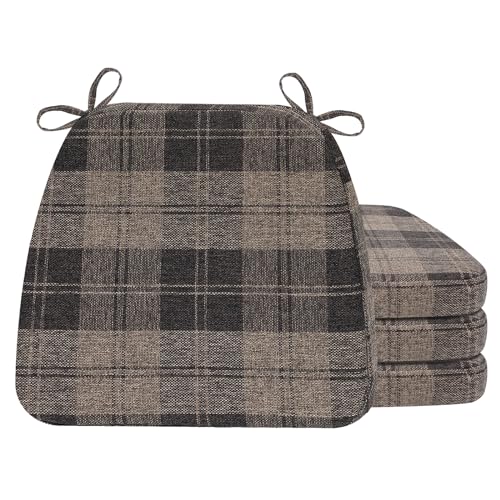 Image of AAAAAcessories D-Shaped Chair Cushions, 2 inch Thick Dining Chair Pads with Ties and Removable, Machine-Washable Cover, 17 inch x 16 inch, Set of 4, Brown Checkered