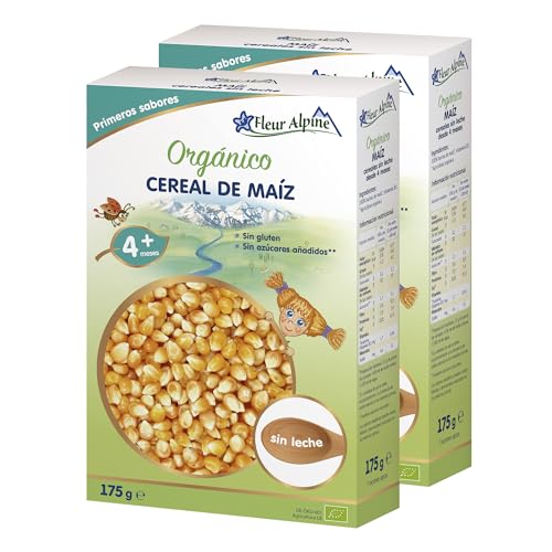 FLEUR ALPINE Alimentos para Bebés | Paquete x2 Cereales Orgánicos de Maíz - Gachas para Deliciosos Desayunos| Gachas Nutritivas e Instantáneas Sin Gluten 4+ Meses Sin Azúcares Añadidos | 2x7 Porciones