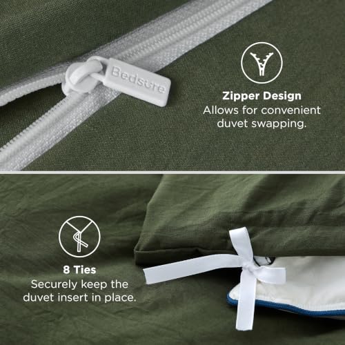 Image of Bedsure Prewashed Duvet Cover Full, Cotton-Like Bedding Set, Olive Green | Ultra Soft, Relaxed Texture, 80 inchx90 inch Breathable Comfort, Hidden Zipper, 8 Corner Ties, Easy Care, OEKO-TEX, Year-Round Use