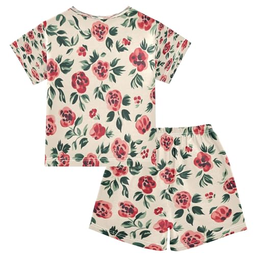 senya Short Sleeve Pajamas Sets Summer Cotton Sleepwear Green Leaves Painting Rose2
