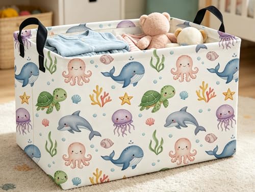 Image of Rectangle Kids Baskets Ocean Basket Cute Storage Bin Fish Box for Room Decor Gift Basket(Cute ocean)