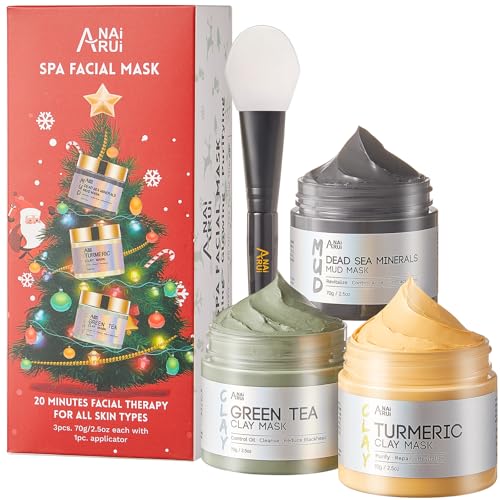 ANAI RUI 3 Pack Face Mask Gift Set,Christmas Facial Mask Set,Turmeric Clay Mask - Green Tea Mud Mask - Dead Sea Minerals Mud Mask Stocking Stuffers for Women &Teen Girl 2.5 oz each