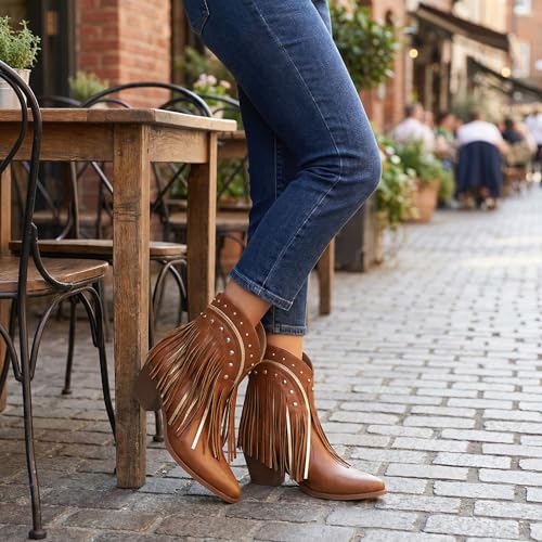 Image of Women's Western Ankle Booties Pointed Toe Cowgirl Boots with Fringe Tassels or Sparkly Rhinestone Fashion Short Boots for Casual Daily Wear