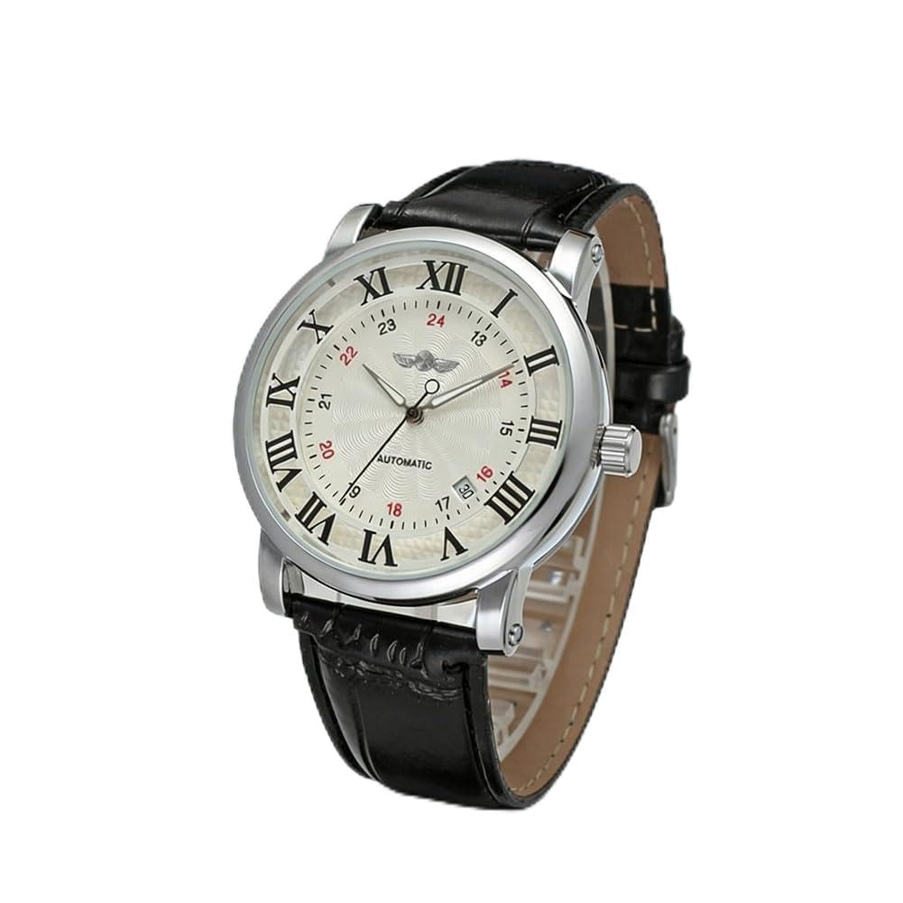 AMONIDA Orologio Meccanico Automatico da Uomo, Orologio con Quadrante con Numeri Romani, Cinturino in Pelle PU con Design da da Polso, Ideale per la Famiglia e gli Amici