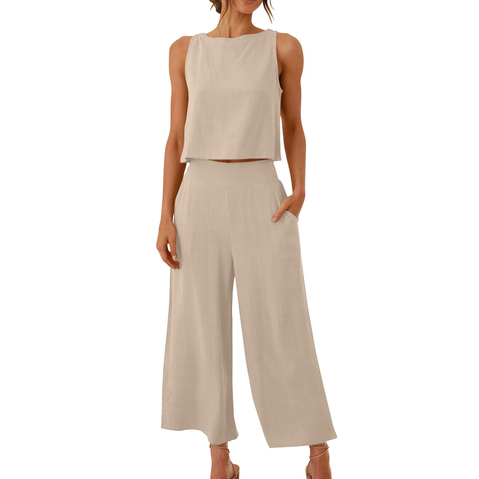 RLEHJN Zweiteiler Damen Sommer,2-teilige Musselin Hosenanzug Ärmellose Tank Tops und Weite Hose Leinenanzug Modische Einfarbig Loungewear Freizeitanzug mit Taschen Baumwolle Jogginganzug Tracksuit