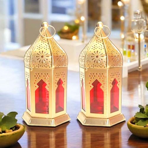 Image of Moroccan Lanterns & Candle Holders for Home Decor - Unique Diwali & Christmas Gifts (Red, Set of 2)