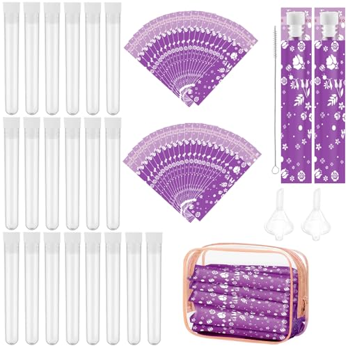 64 Pcs Tampon Flasks Set Includes 20 Reusable Plastic Flasks 40 Self Adhesive Wrappers 2 Funnels Clear Storage Bag Clean Brush Tube Flasks for Cruise Event Concert Outdoor Sports (Purple)