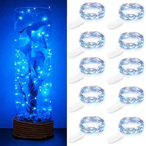 Guezuvoru Lot de 10 guirlandes lumineuses LED à piles 1m 10 LED fil d'argent bleu étanche bouteille étoile guirlandes lumineuses pour Noël fête de mariage...