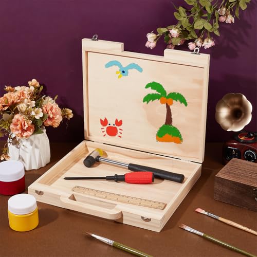 Image of OLYCRAFT Wood Craft Suitcase 11.9x10.6x1.7 Inch Wooden Suitcase with Handle Rectangle Wood Storage Boxes with Handles Unfinished Wooden Boxes for Crafts Art Hobbies Journey and Souvenir Collection