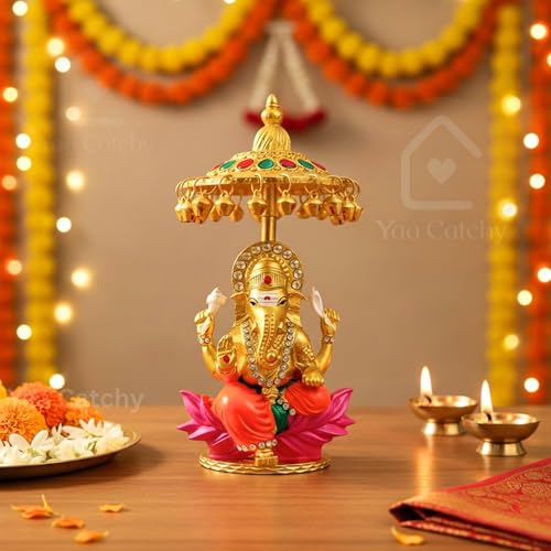 Image of Lord Ganesha Car Dashboard Idol & Crystal Stones Hindu God Ganpati.Believed to Protect and Bless Travelers on Their Journeys. (Umbrella Colour)
