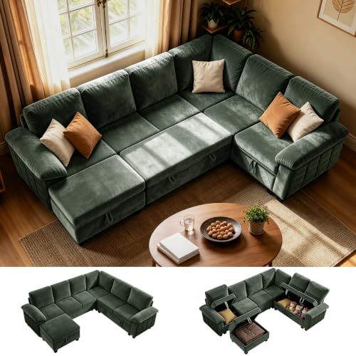 109" Sectional Sleeper U-Shaped Modular Couch Pull-Out Storage Sofa Bed