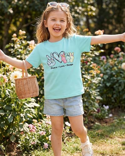 Image of SOFEON Kids Girls Easter Shirt Bunny Peace Love Peeps T-Shirt Cute Funny Rabbit Graphic Tees Short Sleeve Casual Tops