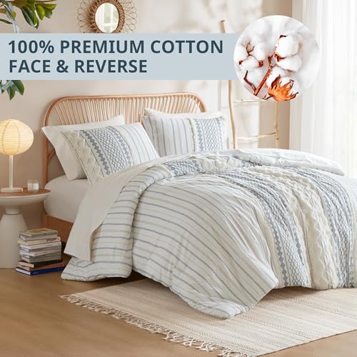 Image of Ink+Ivy King Comforter Set, Boho Comforters, Breathable Cotton Bed Set, All Season Modern Chenille Tufted Comforter with Farmhouse Bedding Flare, Gifts for Woman, White /Navy 3 Piece