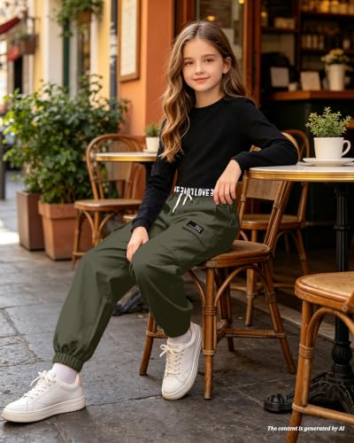 Image of Betusline Girls Fall Winter Clothing Sets, Long Sleeve Crop Top & Cargo Jogger Pants 2 Piece Outfit Sets,4T-14Y