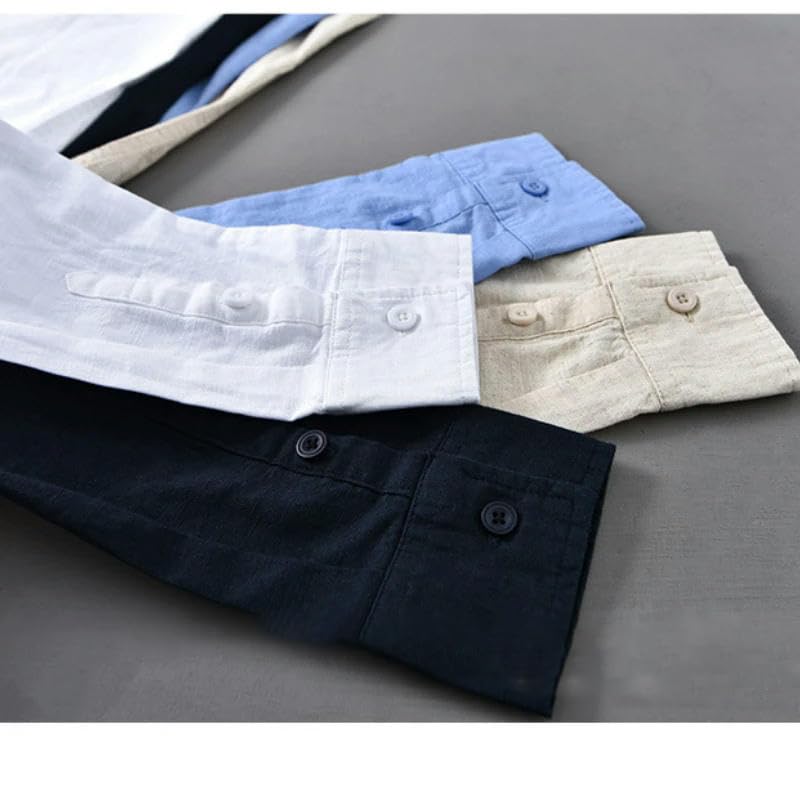 Camisa de lino y algodón para hombre de manga larga casual lisa 5