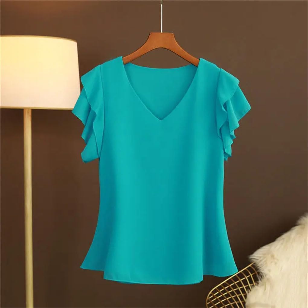 Women's Short Sleeve Chiffon Solid Color V-Neck Top