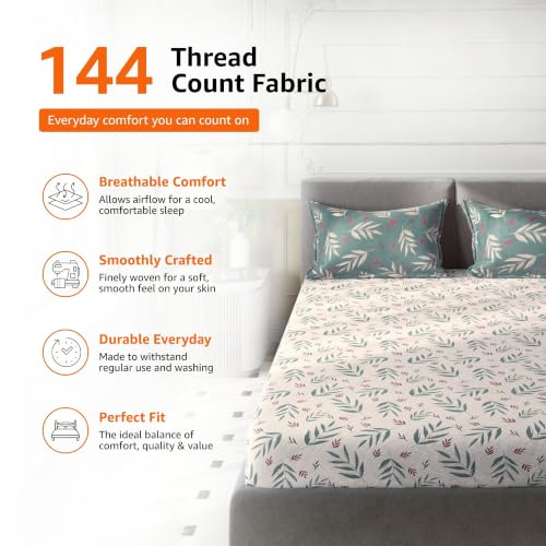 Image of Amazon Basics - 100% Cotton Flat Bedsheet | 144TC |Queen Bed Sheet with 2 Pillow Cover|Soft Cotton | Leaf Print | 90 Inch x 100 Inch, Grey