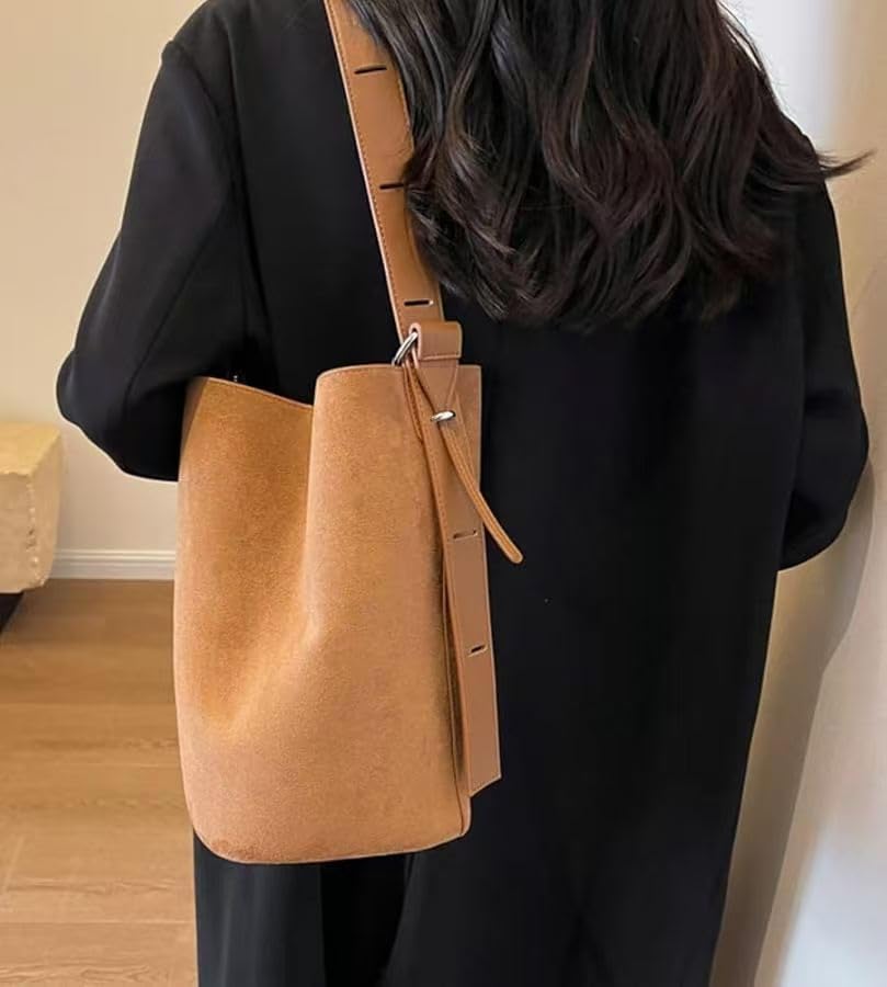 Image of Women Suede Bucket Shoulder Bag Fashion Vegan Leather Slouchy Hobo Bag Office Tote Handbag Crossbody Designer Purse