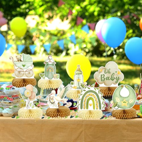 Image of 8Pcs Bear Baby Shower Decorations Honeycomb Centerpieces for Boy, Confetti Baby Shower Table Decorations Birthday Party Table Centerpieces Toppers Party Decor (Green)