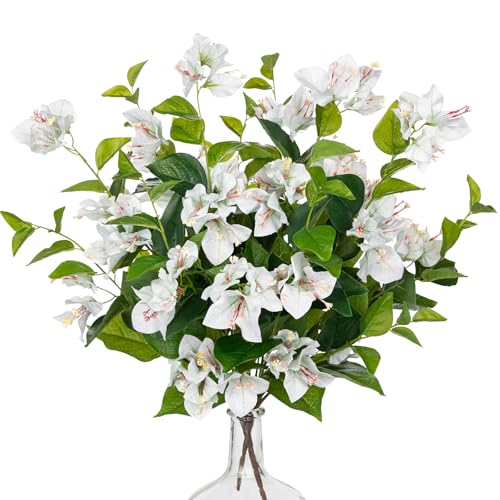 Hollyone 2Pcs Bougainvillea Artificial Flowers Bouquets White Fake Flower Silk Flowers with Long Stem Floral Arrangements Faux Bougainvillea Flower Plant for DIY Wedding Party Centerpieces Home Decor
