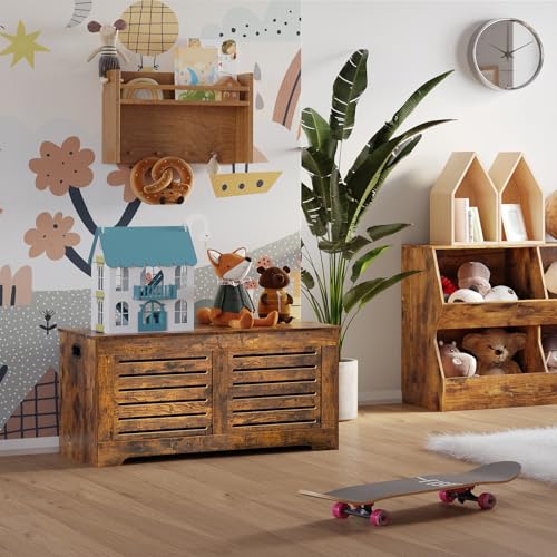 DINZI LVJ Storage Chest, 43.3” Wooden Toy Box with 2 Safety Hinges, Retro Entryway Shoe Storage Bench with Flip-Top, Sturdy Large Storage Trunk for Living Room, Bedroom, Easy Assembly, Rustic Brown - Image 4