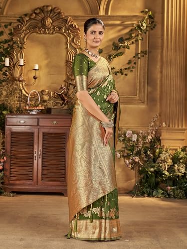 Image of Mehrang Women's Banarasi Silk Kanjivaram Saree For Wedding With Pure Zari Work, Woven Design, With Unstitched Blouse Piece
