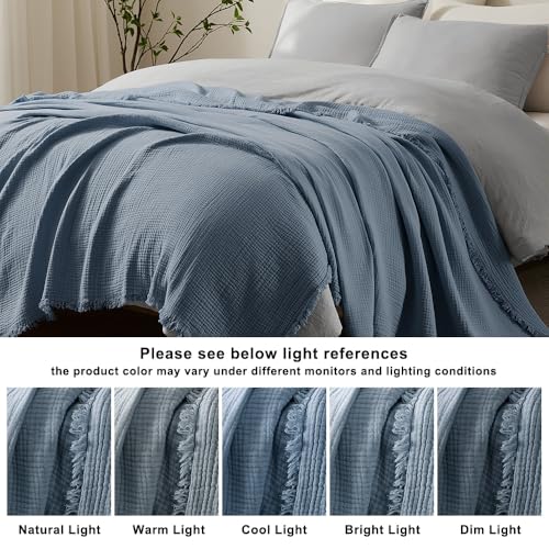 WDCOZY Muslin Throw Blanket 100% Cotton Blankets 4-Layer Breathable Lightweight Soft for Couch Boho Farmhouse Linen Tassels Ruffle Gauze Blankets All Season for Adults 50x60 Inches Dusty Blue by WDCOZY - Used condition - Image 6