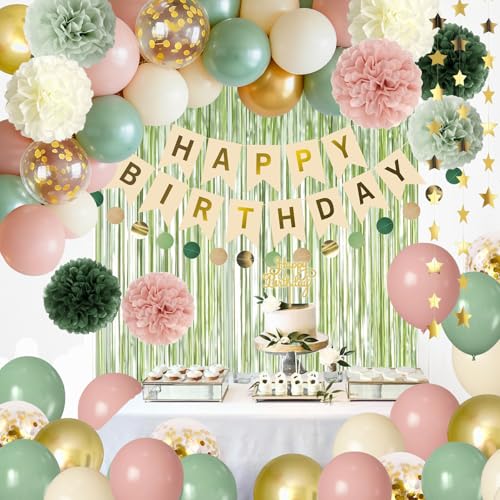 Image of Pink and Sage Green Birthday Party Decorations,Green Pink and Sand White Balloons Happy Birthday Banner star garland Fringe Curtains Birthday Background Pom Poms Decor for Girls Baby Women