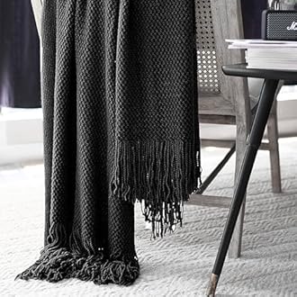 LOMAO Knitted Throw Blanket with Tassels Bubble Textured Lightweight Throws for Couch Cover Home Decor (Black, 50x60)