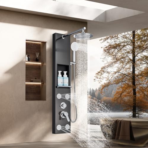 Harnart Bathroom Thermostatic Shower Tower System Stainless Steel 3 Functions Black Shower Panel with Rain Shower Head,Handle and 4 Body Jets with Shelf