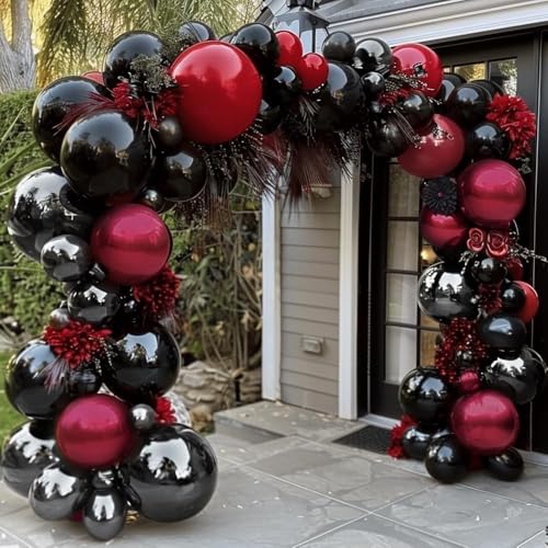 Image of Black Red Balloons Thick Double Stuffed Black Burgundy Balloon Garland Arch Kit for Gothic Vampire Till Death Do Us Rip To Twenties Halloween Birthday Party Decorations
