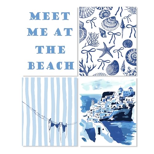 LUKIPOM Coquette Blue Bow Coastal Beach Wall Art Prints 8x10 Set of 4, Coastal Beachy Room Decor Aesthetic, Preppy Beach Bikini Seashell Wall Art Posters for Home Bedroom Living Room Decor, Unframed