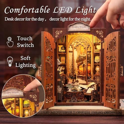 Image of Bookshop Memories Book Nook Kit with LED Light, DIY Miniature Vintage Bookshop Dollhouse, 127PCS 3D Wooden Puzzle Bookshelf Decor, Creative Gift for Adults, Teens & Beginners
