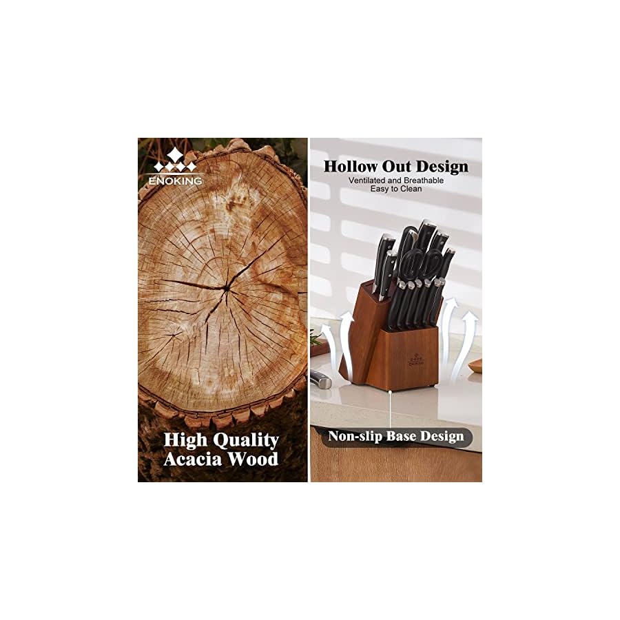 ENOKING-Universal-Knife-Block-without-Knives-15-Slots-Acacia-Knife-Holder-for-Kitchen-Counter-Butcher-Block-with-Wider-Slots-for-Keeping-Sharp ENOKING 15 Slots Universal Knife Block, Acacia Wood Knife Block without Knives, Knife Holder for Kitchen Counter- Wider Angled Openings for Keeping Knives Sharp