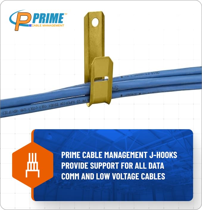 Prime Cable Management 3/4 Inch Heavy Duty Metal Cable & Wire Support J-Hook Hangers for Wall Mounting & Attaching to Vertical Surfaces for Cable & Wire Management