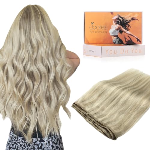 Image of DOORES Weft Hair Extensions, 24 Inch 140g Ash Blonde Highlighted Platinum Blonde, Long Natural Remy Hair Extensions