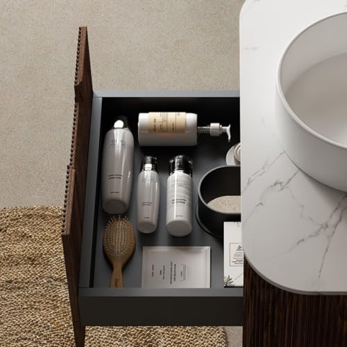 Image of KEIKI 30 inch Bathroom Vanity Cabinet with Sink Combo, Wall Mounted Curved Edges Striped Floating Bathroom Vanity with Soft-Close Drawer, White Round Ceramic Basin Without Faucet, Dark Walnut