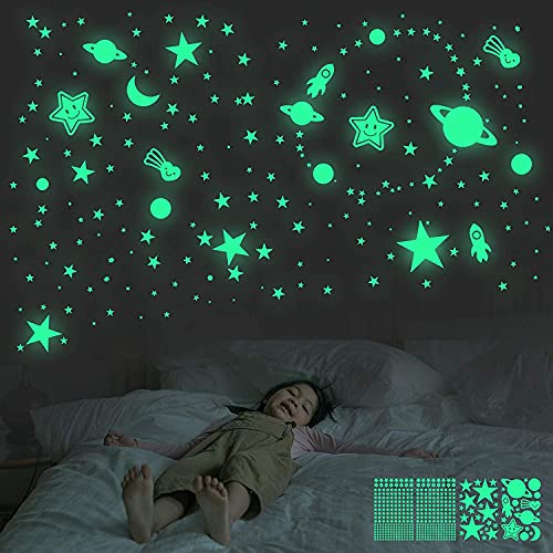 Glow In The Dark Stars Wall Stickers For Ceiling, 462 Pcs 3D Glowing Removable Self-Adhesive Wall Decals With Moon, Rocket And Planets For Girls Boys Kids Diy Bedding Room Bedroom Décor (Green) #TOP6